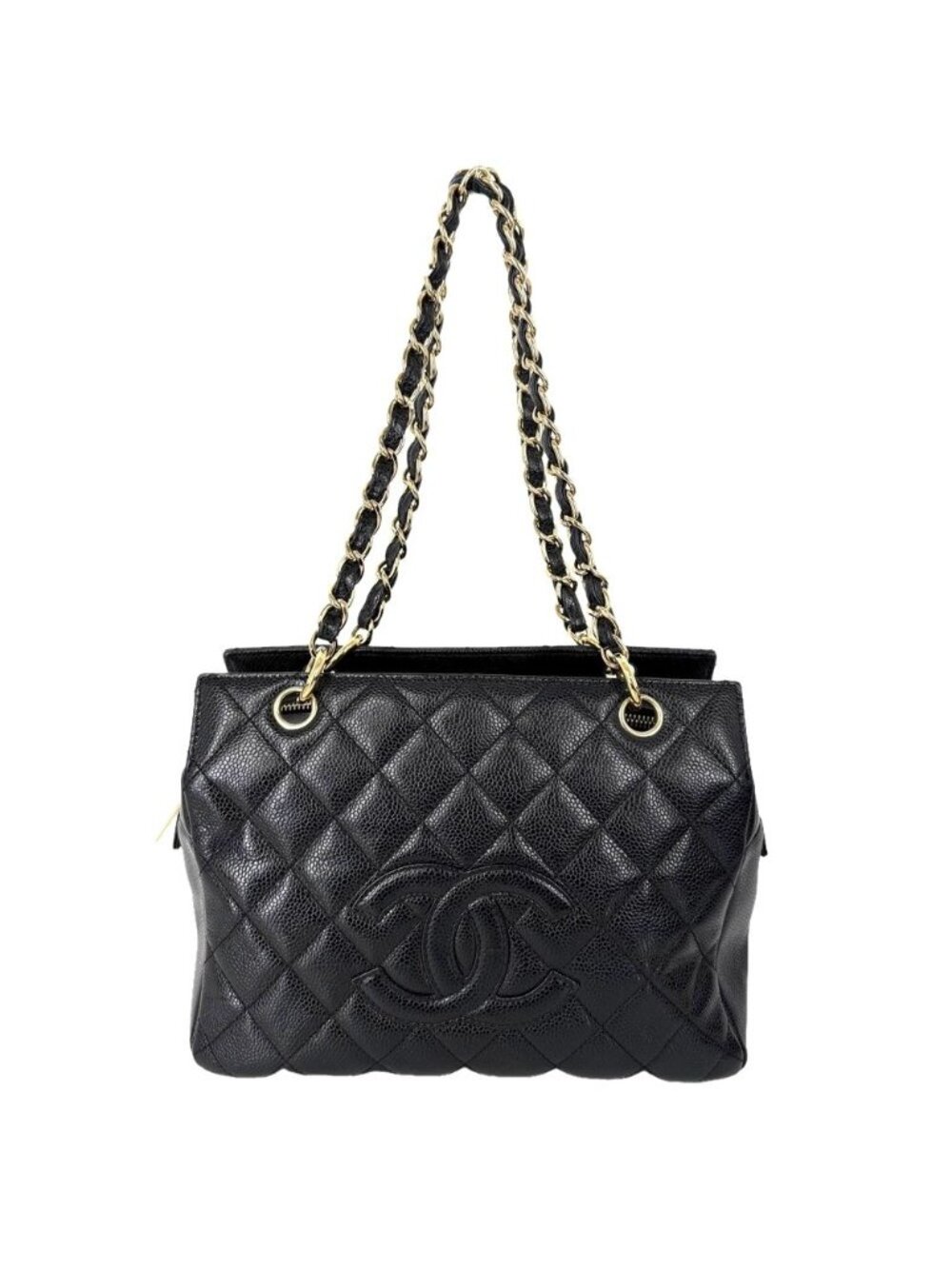 Chanel Tote Quilted Chain Handbag Shoulder CC Logo Caviar Leather Black Gold